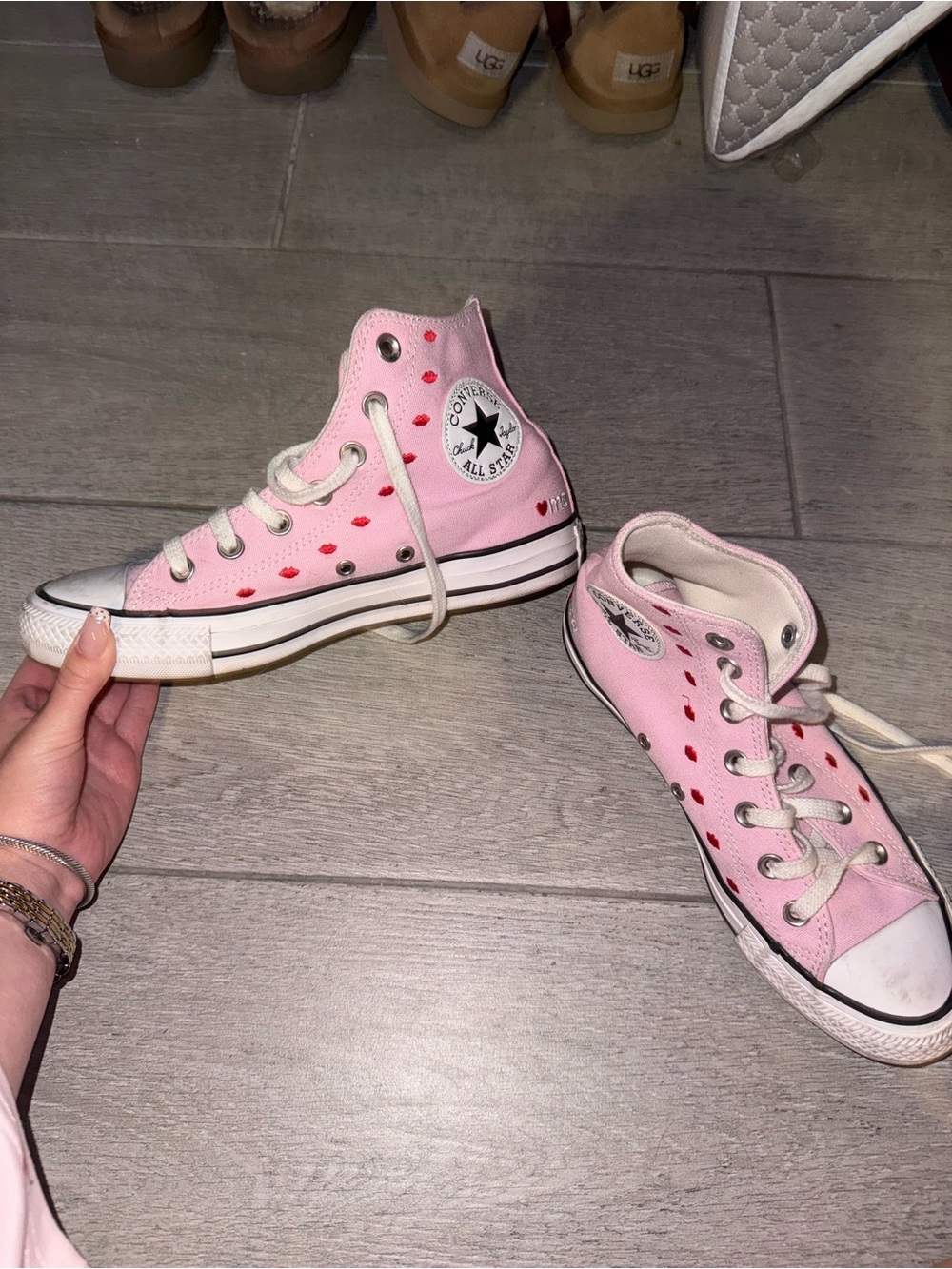 Converse Pink High Top Sneakers with Red Heart Accents